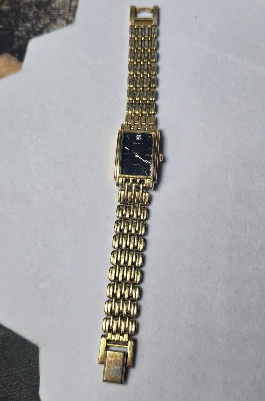 Deauville Gold-Tone Rectangle Tank Watch – Diamond Accent – Vintage As-IS